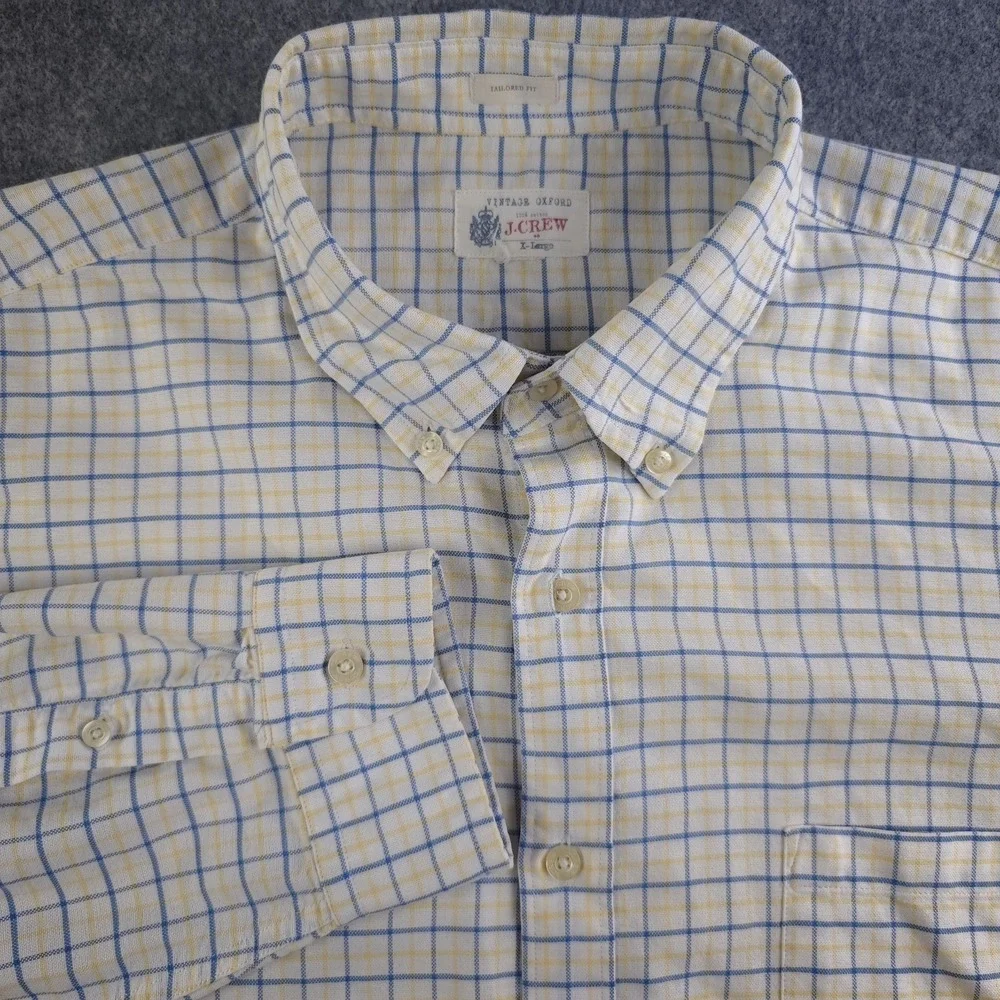 J Crew Vintage Oxford Shirt Mens XL Tailored Fit Blue Yellow Check Long Sleeve
